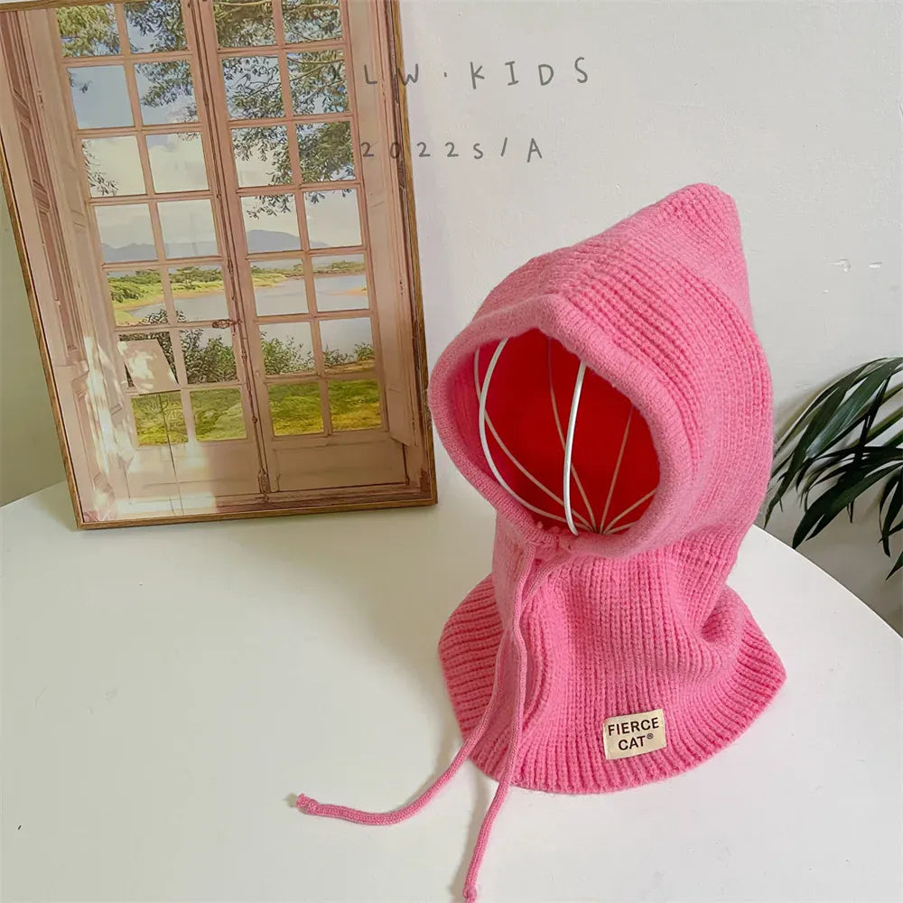 ベビー用帽子 pink / 48-53cm キッズ帽子 フーディネックウォーマー フェイスガード 頭巾タイプ 防寒 帽子