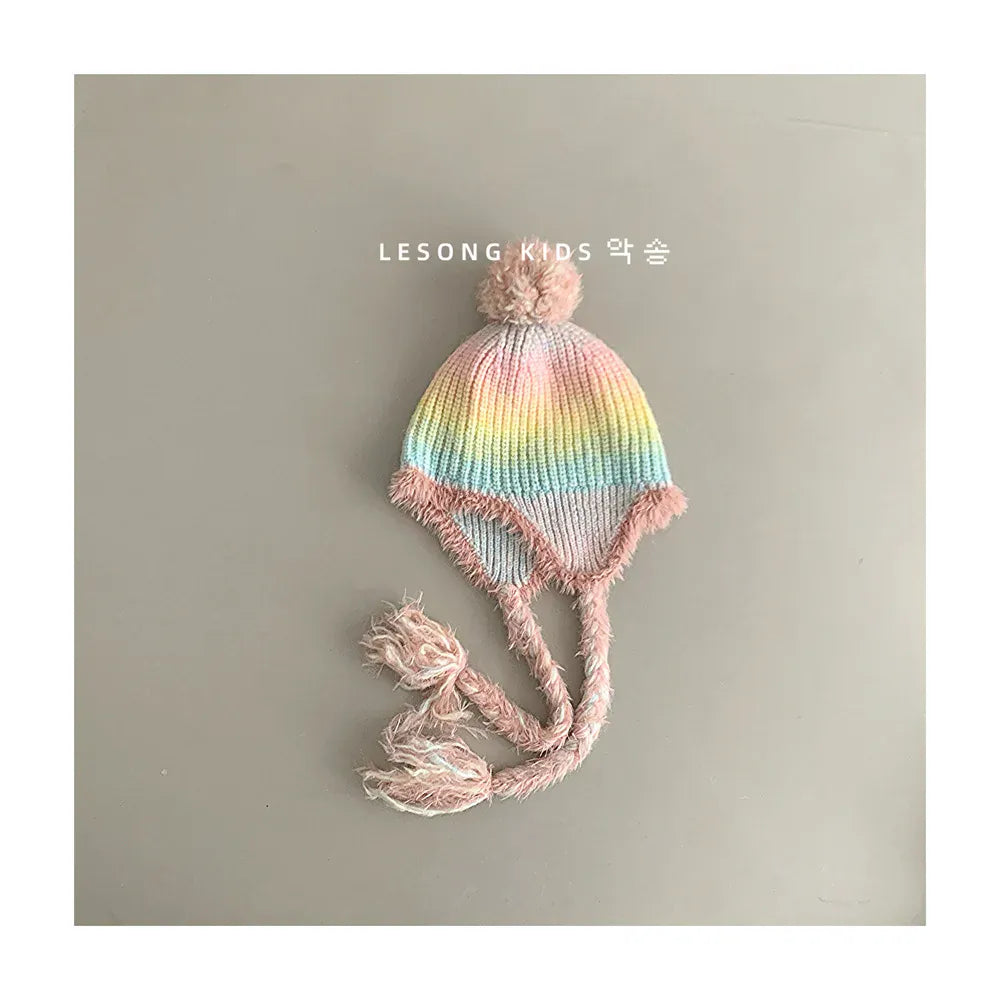 ベビー用帽子 Pink / Free size 48-53cm キッズ帽子 ボーダーぽんぽん耳付きニットキャップニット帽【mh0007582】