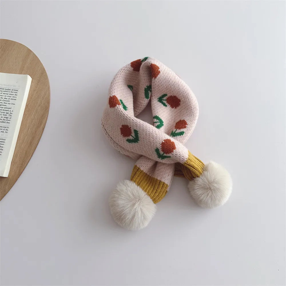 ネックウォーマー pink キッズマフラー ぽんぽん付きネックウォーマー フラワー花柄 ガールズ 女の子 子供服【mh0003327】