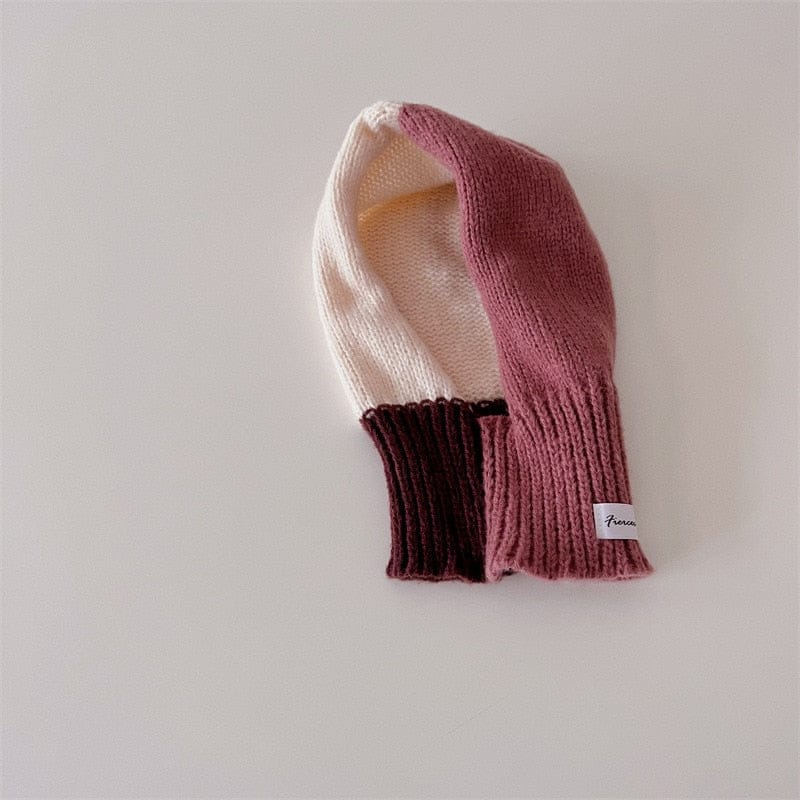 ベビー用帽子 pink / one size キッズ帽子 ニットフーディ フード付きネックウォーマー カラフルパッチワーク 4カラー ファッション小物 ユニセックス 男の子 女の子