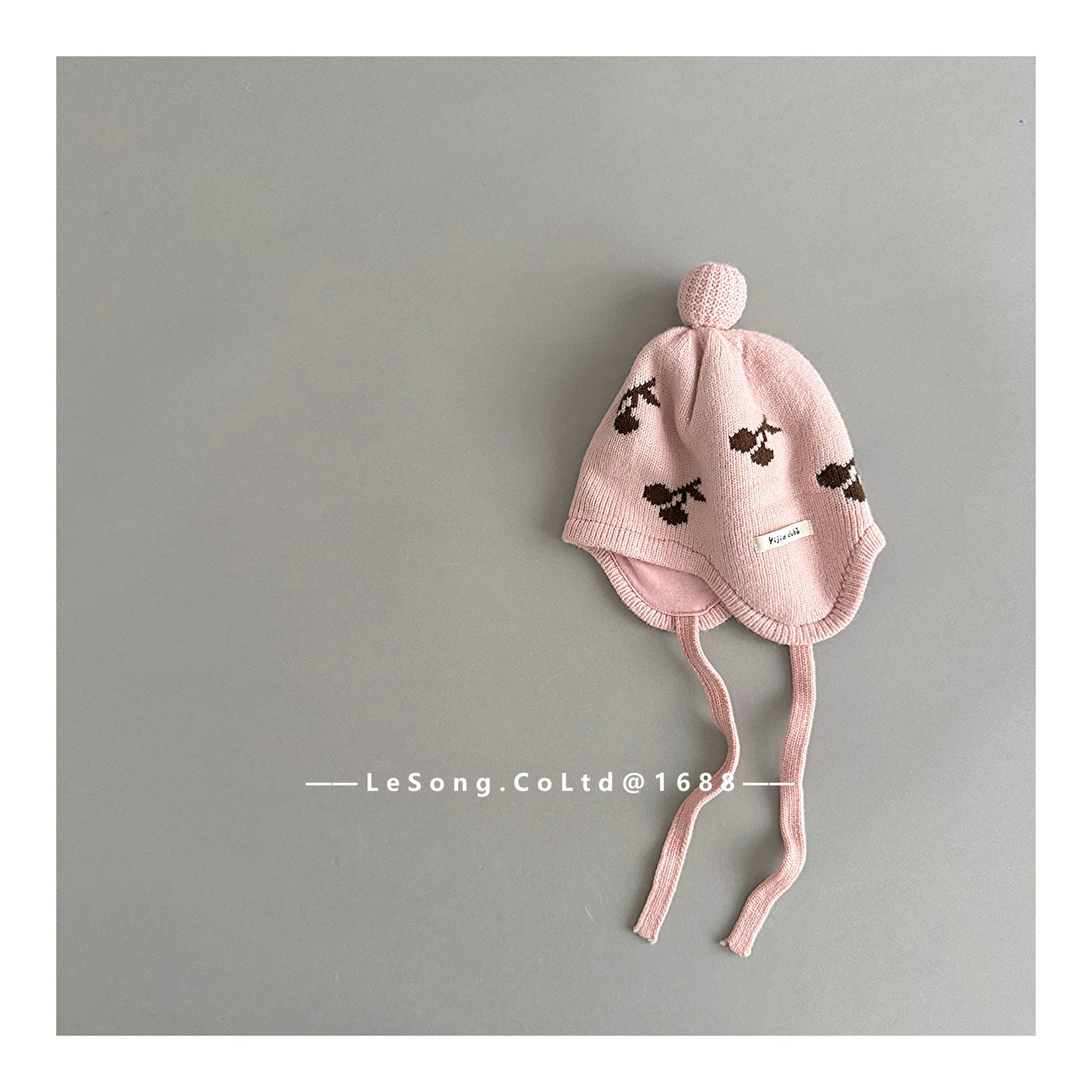 ベビー用帽子 Pink / One Size ベビー帽子 チェリー/ムーン月 ニット 耳当て付き ニットキャップ【mh0011829】