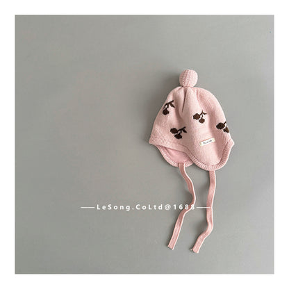 ベビー用帽子 Pink / One Size ベビー帽子 チェリー/ムーン月 ニット 耳当て付き ニットキャップ【mh0011829】