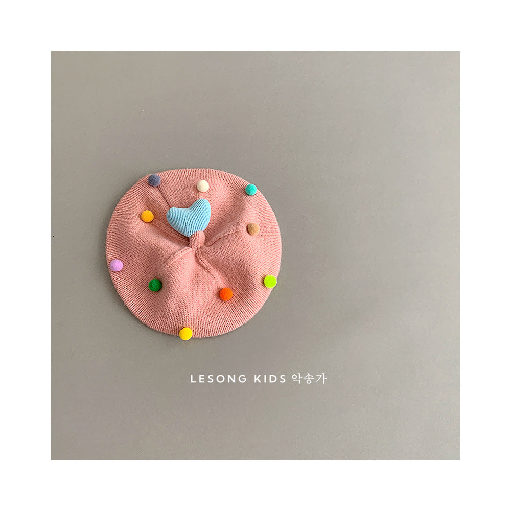 ベビー用帽子 Pink / One Size ベビー帽子 カラフルぽんぽん ハート ニット ベレー帽【mh0011842】