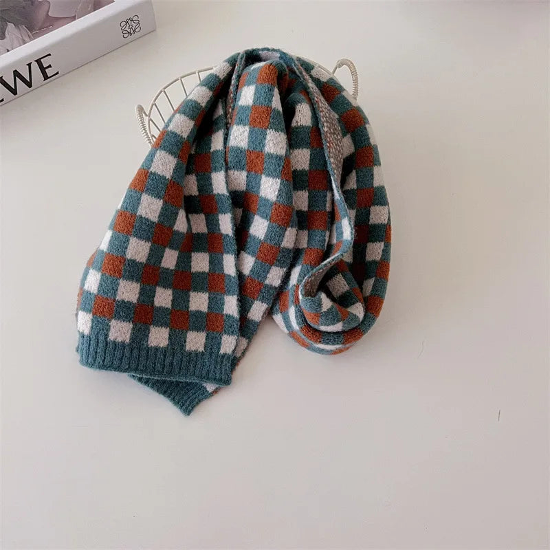 ネックウォーマー plaid-blue / One Size キッズマフラー ネックウォーマー ニットスカーフ チェック柄さくらんぼチェリー柄【mh0004135】
