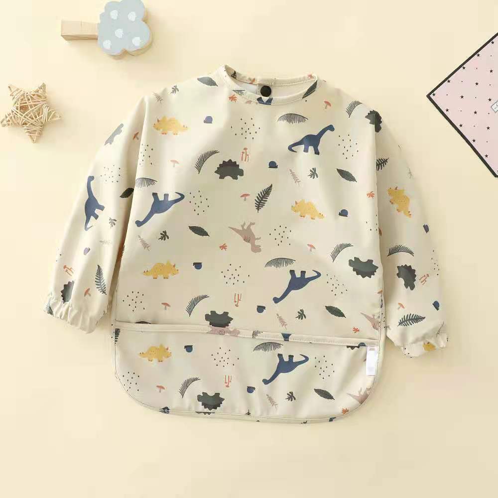 よだれかけ PU underpocket beige dinosaur / S Soft Waterproof Long Sleeve Bib ソフト防水長袖お食事エプロン【mh0012240】