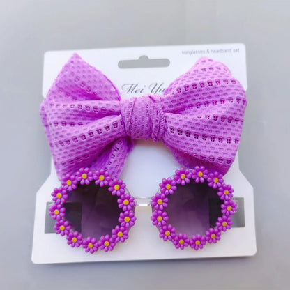 ヘアアクセサリー purple ベビーキッズサングラス/リボンヘアゴム2個セット ヘアバンド  フラワーサングラス 6カラー