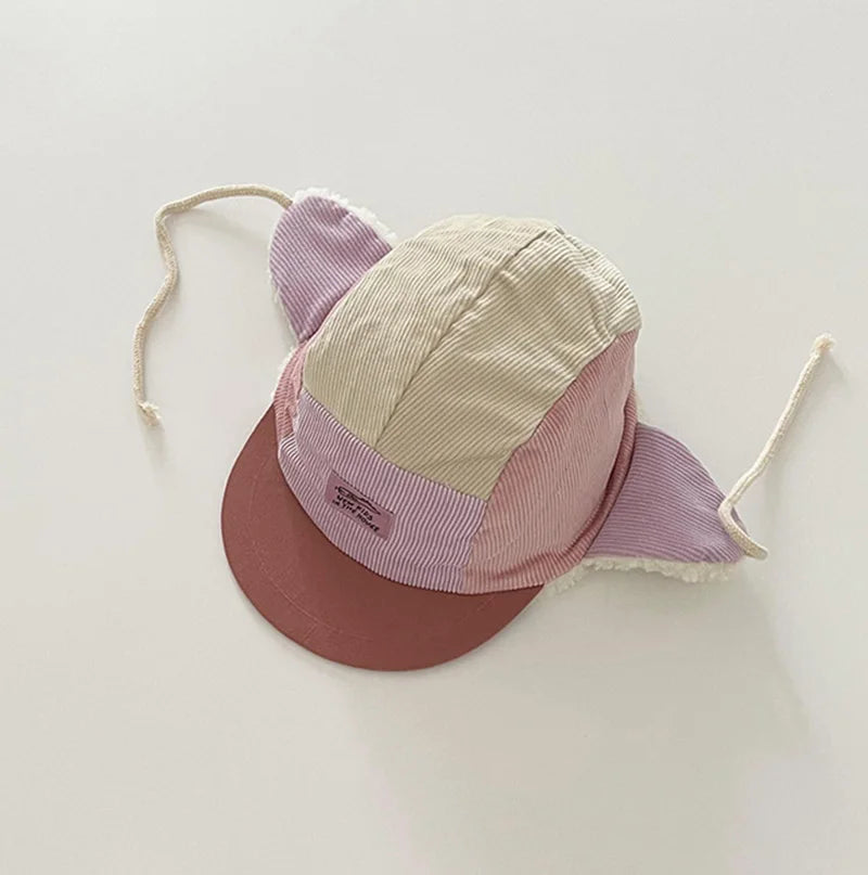 ベビー用帽子 purple / 50-52cm キッズ帽子 耳付き帽子 裏ボアフリースキャップ パッチワークデザインハット 3カラー ユニセックス 男の子 女の子 子供服