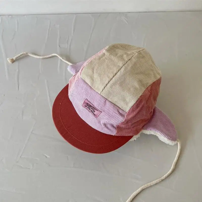 ベビー用帽子 purple / 52-54cm ☺︎ キッズ帽子 カラフルパッチワーク 耳当て付きコーデュロイ帽子 ハット キャップ 3カラー ボーイズ 男の子 子供服