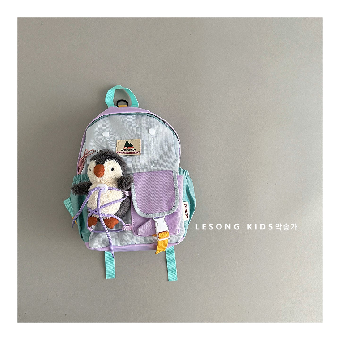 バックパック Purple and light blue shoulders penguin / One Size ベビーキッズリュック バックパック カラーブロック 鞄 バッグ【mh0011822】