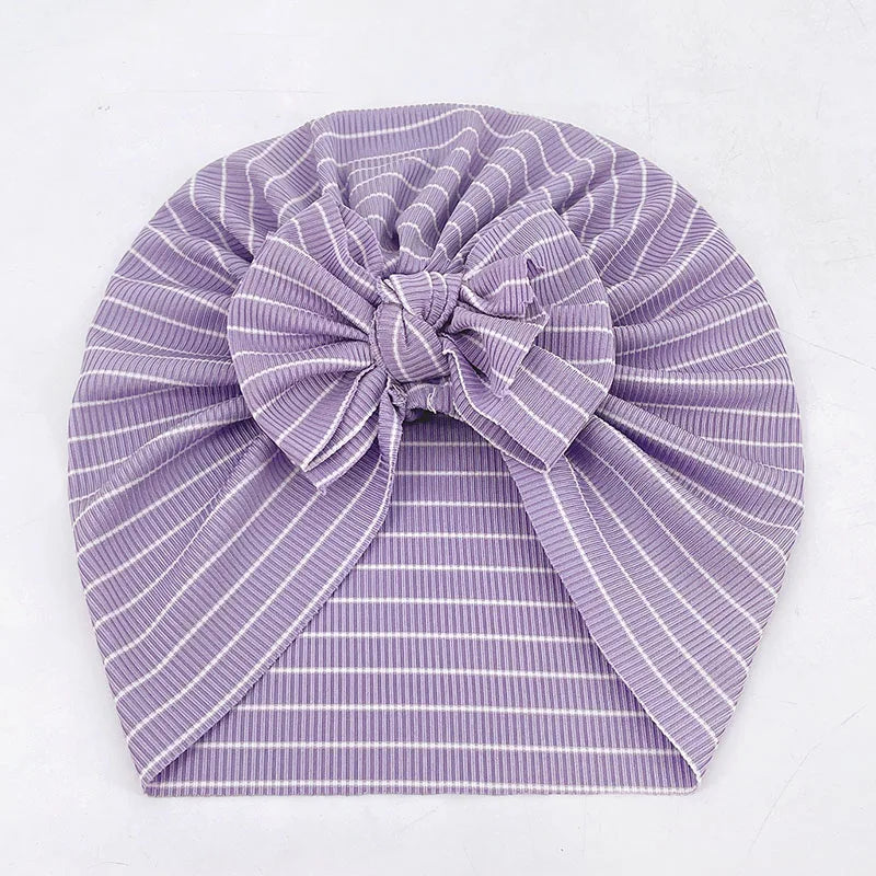 ベビー用帽子 Purple / One Size ベビーターバン リボン帽子 ボーダー柄 11カラー【mh0003669】