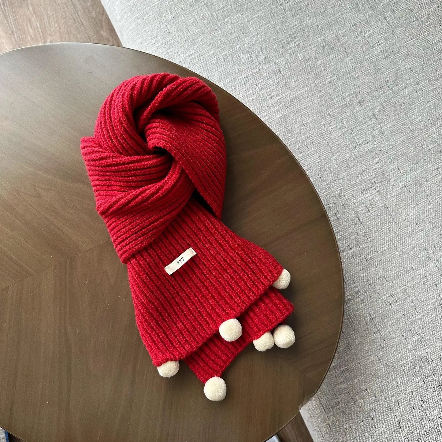 ネックウォーマー Red / 100cm-120cm キッズマフラー ポンポン付きニットスカーフネックウォーマー【mh0008174】