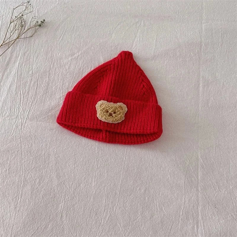 ベビー用帽子 Red / 36-48cm 0-3Y ベビー帽子 ニットキャップ ニット帽 ベアくまワッペン ワッチキャップ 7カラー【mh0003634】