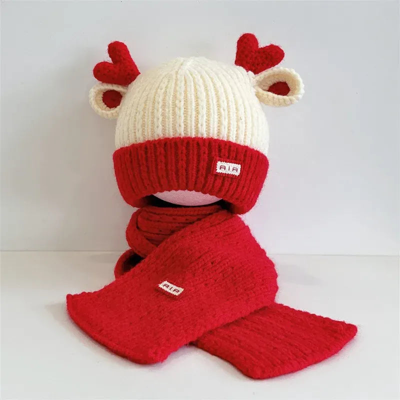 ベビー用帽子 Red / 48-50cm 1-4years キッズ帽子+マフラー エルク耳付きニットキャップニット帽+お揃いマフラー【mh0008101】