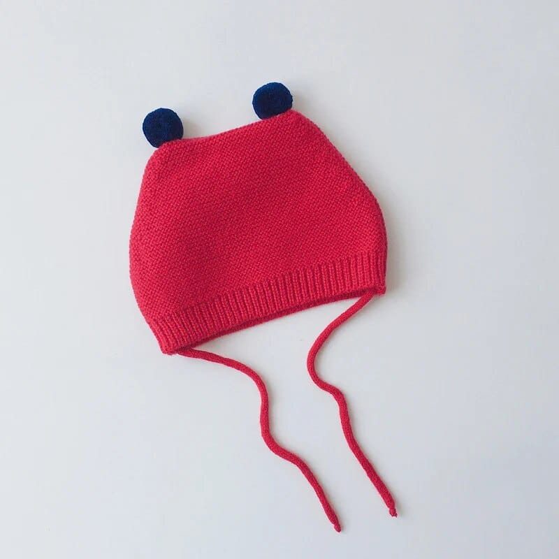 ベビー用帽子 red / One Size(0-2 years) ベビー帽子 ニットキャップ ぽんぽん 耳付き帽子 6カラー ユニセックス 男の子 女の子 子供服