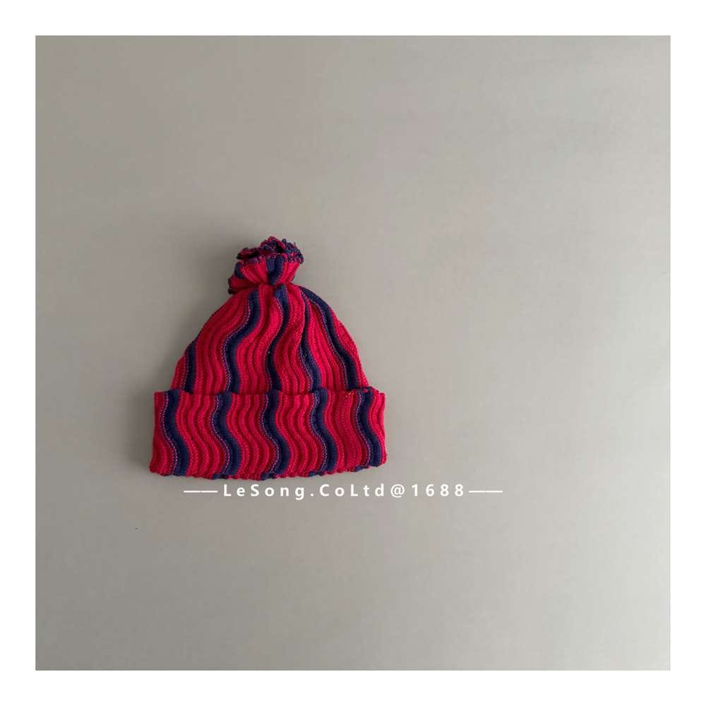 ベビー用帽子 Red / One Size キッズ ニット帽 ウェーブ柄 ビーニー 韓国風 ニュアンスカラー【mh0011590】