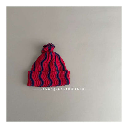 ベビー用帽子 Red / One Size キッズ ニット帽 ウェーブ柄 ビーニー 韓国風 ニュアンスカラー【mh0011590】