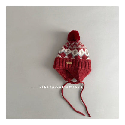 ベビー用帽子 Red / One Size キッズ ニット帽 ノルディック柄 耳当て付き ボンボン 韓国風【mh0011593】