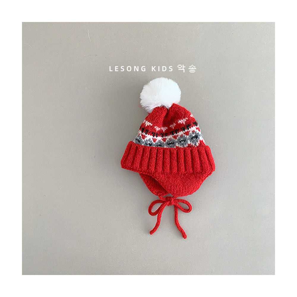ベビー用帽子 Red / One Size キッズ帽子 ニット トライバル ぽんぽん 耳当て付き ニットキャップ【mh0011839】
