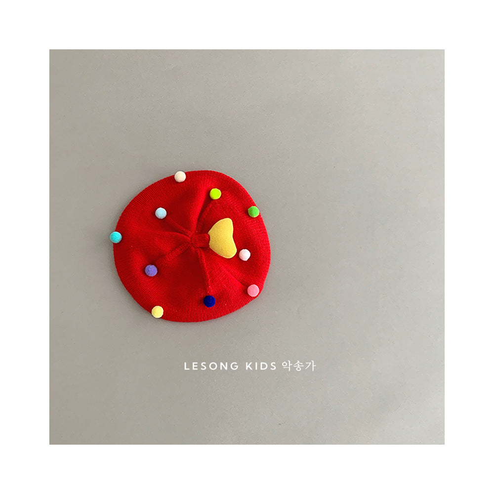 ベビー用帽子 Red / One Size ベビー帽子 カラフルぽんぽん ハート ニット ベレー帽【mh0011842】