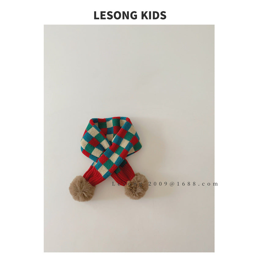 ネックウォーマー Red / One Size キッズマフラー カラフル ブロックチェック ぽんぽん ネックウォーマー【mh0011843】