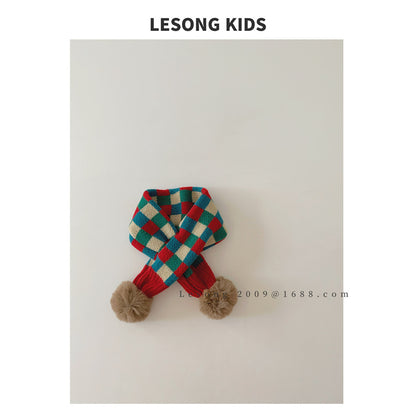 ネックウォーマー Red / One Size キッズマフラー カラフル ブロックチェック ぽんぽん ネックウォーマー【mh0011843】