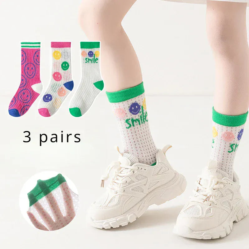 ベビー用靴下・タイツ Red / S 2-3T キッズソックス 靴下3足セット メッシュ カラフル サマーソックス【mh0005681】