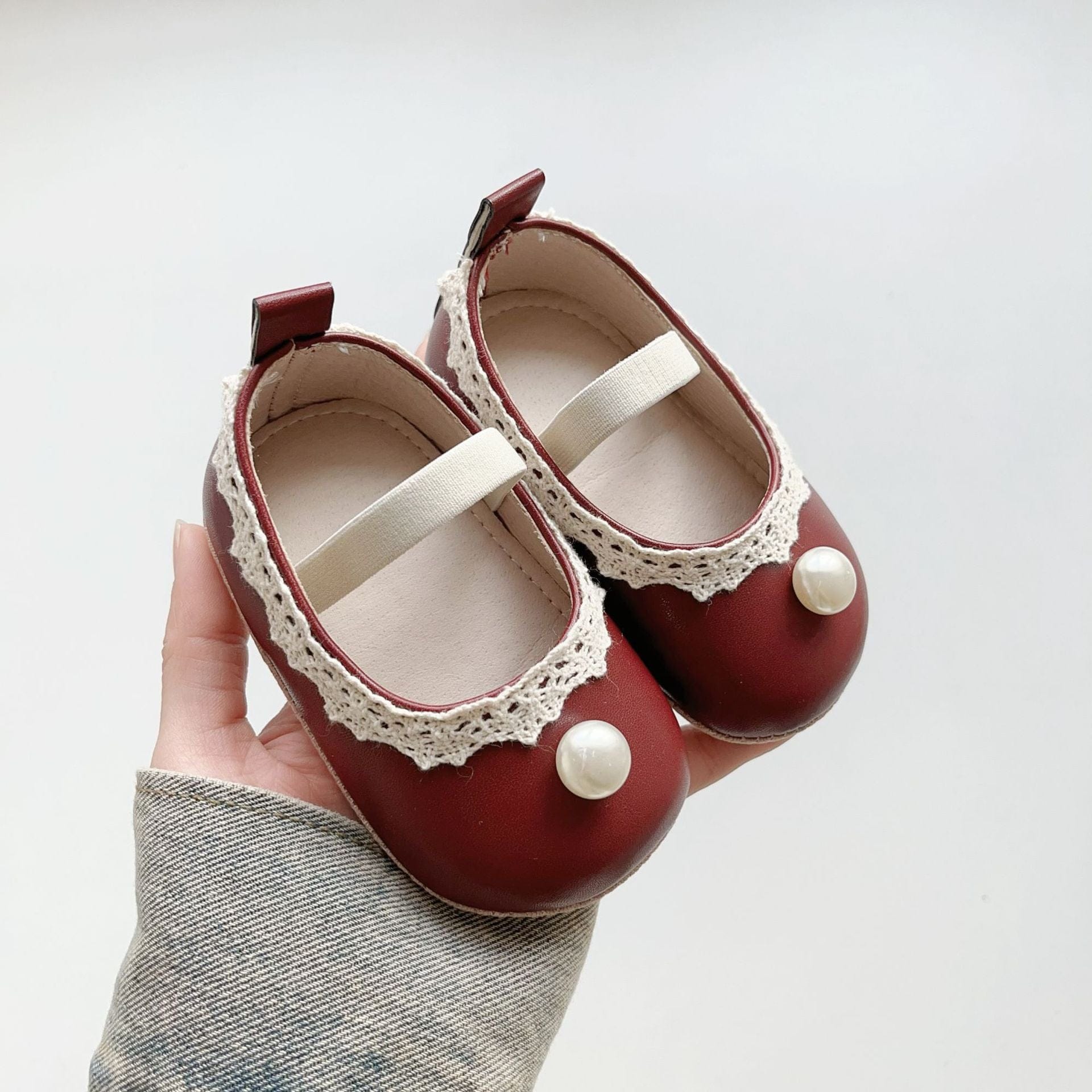 ベビー用靴 Red / S (inseam 11 cm) ベビーシューズ パールレースフラットバレエシューズ【mh0009716】