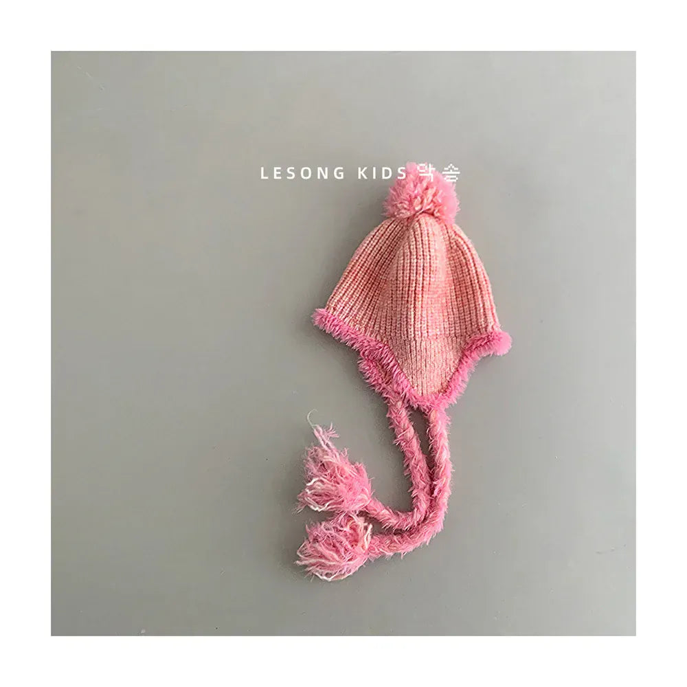 ベビー用帽子 Rose / Free size 48-53cm キッズ帽子 ボーダーぽんぽん耳付きニットキャップニット帽【mh0007582】