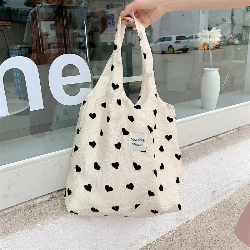 マザーズバッグ shoulder bag A キャンバストートバッグ ショルダーバッグ クロスボディバッグ ブラックハートプリント エコバッグ マザーズバッグ ママバッグ 鞄 3デザイン