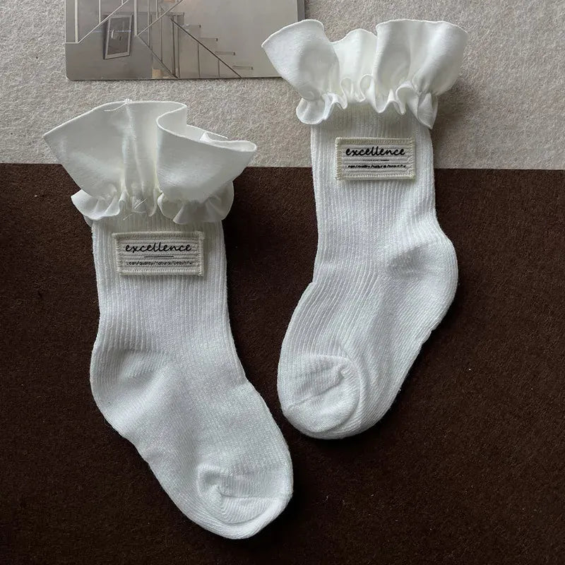 ベビー用靴下・タイツ White / 1-3y length10-13cm ベビーキッズジュニアソックス 靴下 タグ付きラッフルフリルショートソックス ブラック/ホワイト【mh0007185】