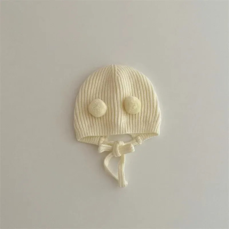 ベビー用帽子 white / 36-42cm 0-10m ベビー帽子 ボンネット ニット帽 ぽんぽん付き帽子 ユニセックス 男の子 女の子 子供服