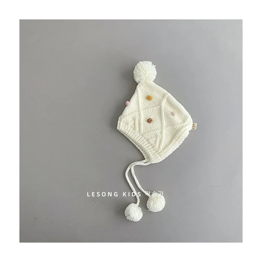 ベビー用帽子 White / 44-48cm ベビー帽子 ポンポン付きニットキャップボンネット 5カラー【mh0006952】