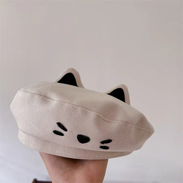 ベビー用帽子 white / One Size キッズ帽子 ねこ 猫 キャット 刺繍 ベレー帽 耳付き ハット