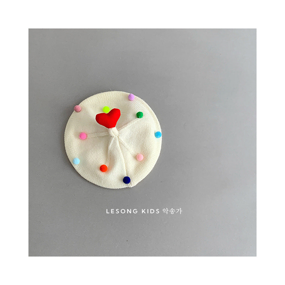 ベビー用帽子 White / One Size ベビー帽子 カラフルぽんぽん ハート ニット ベレー帽【mh0011842】