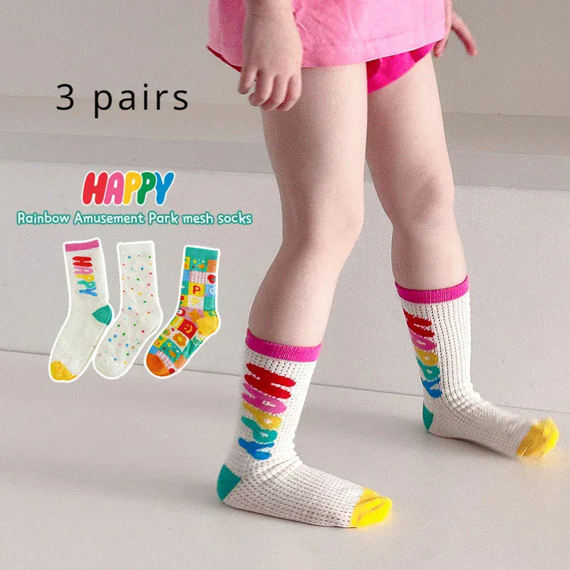 ベビー用靴下・タイツ White / S 2-3T キッズソックス 靴下3足セット メッシュ カラフル サマーソックス【mh0005681】