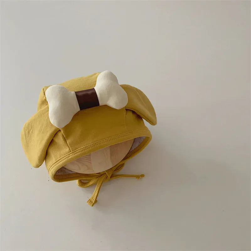 ベビー用帽子 yellow / 35-45cm (3-16m) ベビー帽子 耳付きボンネット リボン 犬 パピー コスチューム