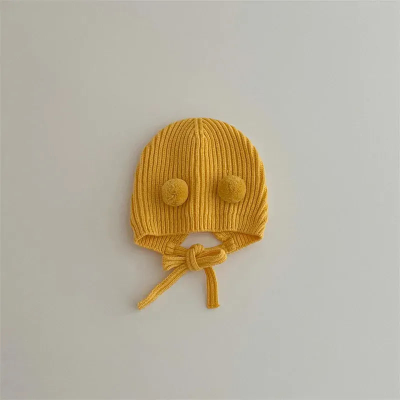 ベビー用帽子 yellow / 36-42cm 0-10m ベビー帽子 ボンネット ニット帽 ぽんぽん付き帽子 ユニセックス 男の子 女の子 子供服
