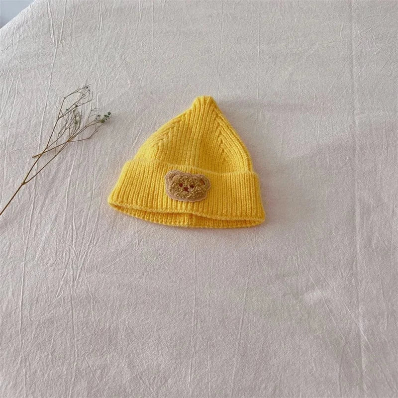 ベビー用帽子 Yellow / 36-48cm 0-3Y ベビー帽子 ニットキャップ ニット帽 ベアくまワッペン ワッチキャップ 7カラー【mh0003634】
