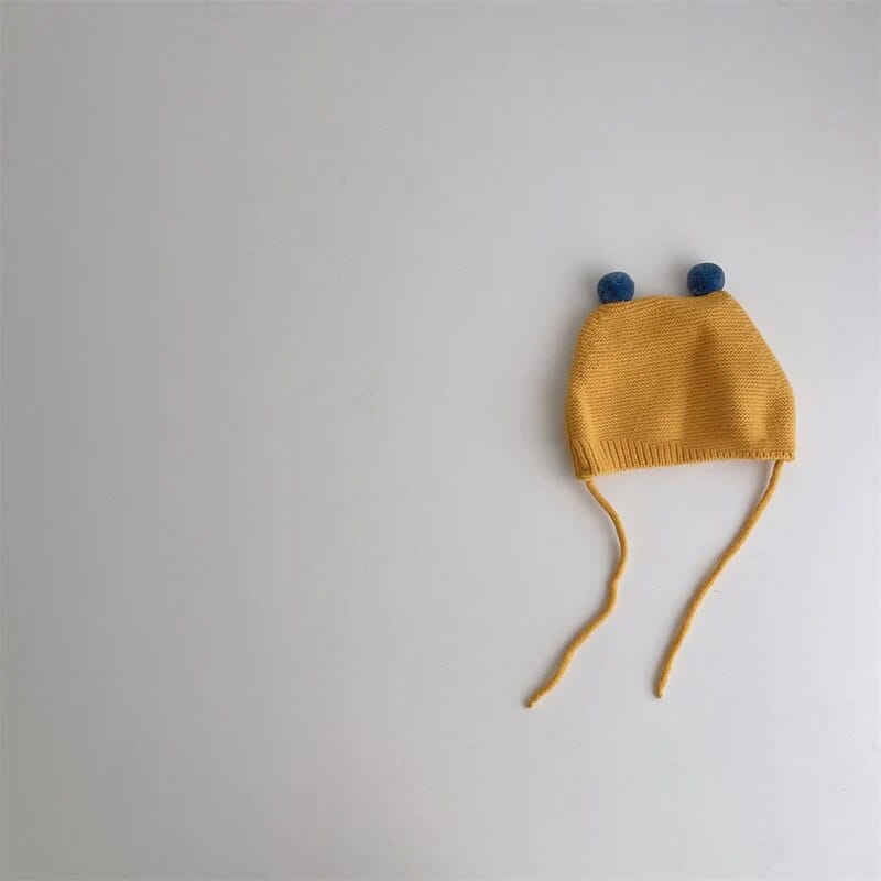 ベビー用帽子 yellow / One Size(0-2 years) ベビー帽子 ニットキャップ ぽんぽん 耳付き帽子 6カラー ユニセックス 男の子 女の子 子供服