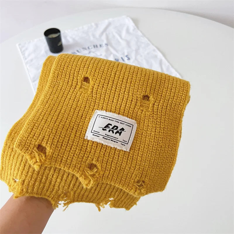 ネックウォーマー Yellow / One Size キッズマフラー ネックウォーマー ニットスカーフ 無地 ダメージ加工【mh0004136】