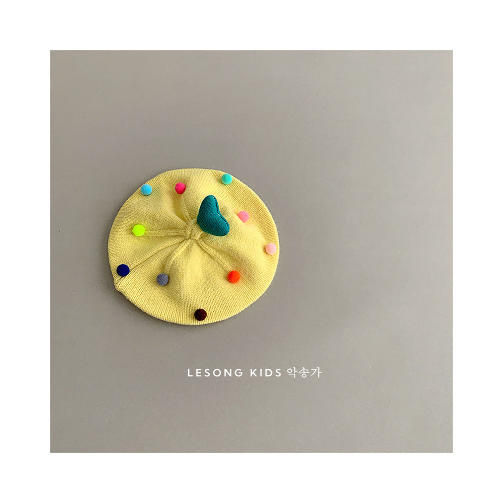 ベビー用帽子 Yellow / One Size ベビー帽子 カラフルぽんぽん ハート ニット ベレー帽【mh0011842】