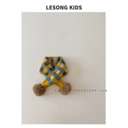 ネックウォーマー Yellow / One Size キッズマフラー カラフル ブロックチェック ぽんぽん ネックウォーマー【mh0011843】
