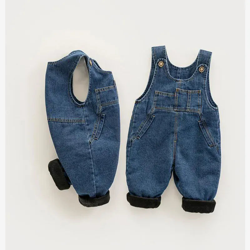 オーバーオール ベビーキッズオーバーオール 裏フリース厚手デニムサスペンダーパンツ