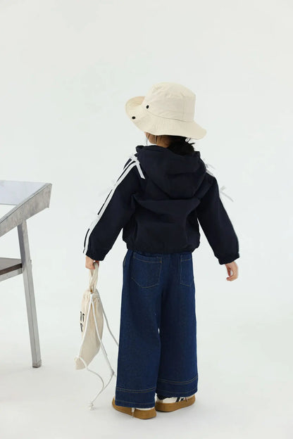 カーディガン・パーカー キッズトップス 長袖サイドリボンラインフーディジップアップパーカー ダークブルー