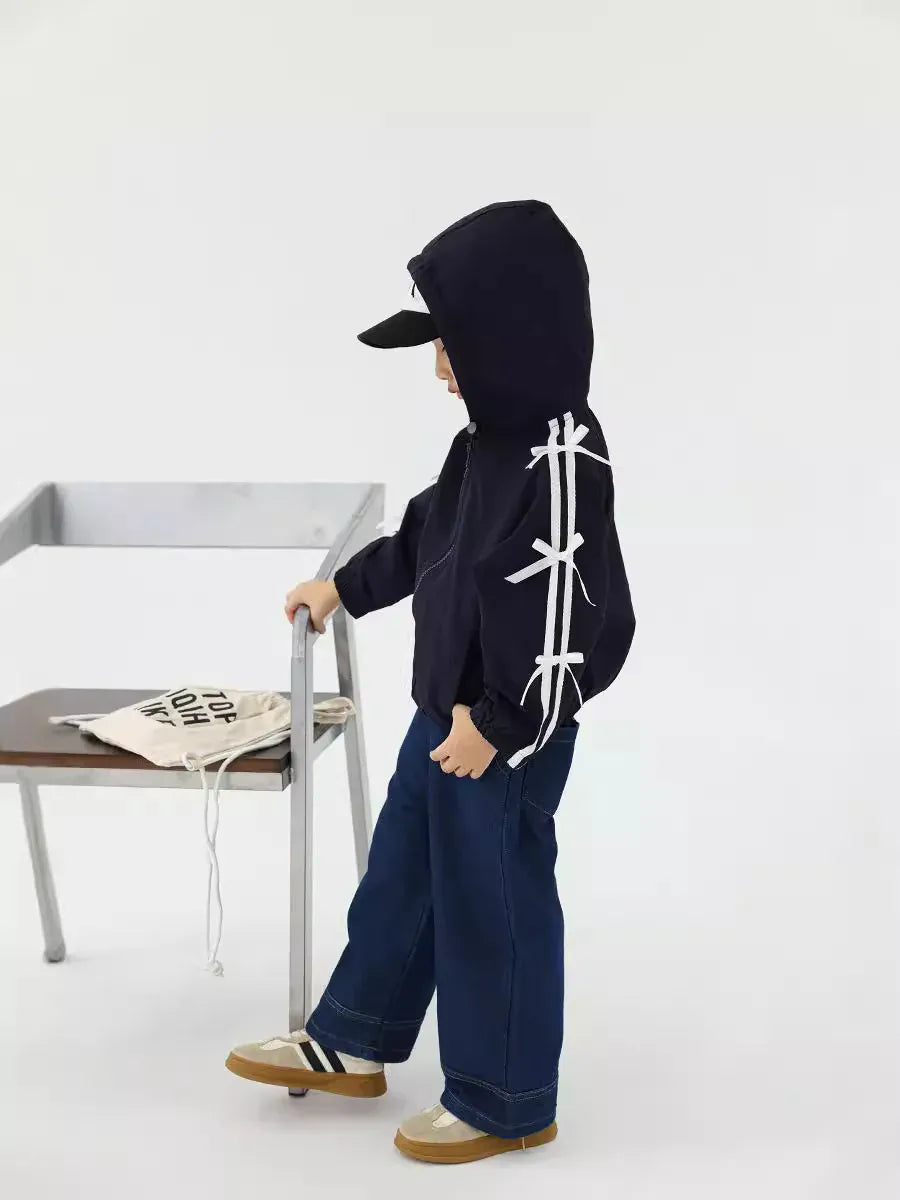 カーディガン・パーカー キッズトップス 長袖サイドリボンラインフーディジップアップパーカー ダークブルー