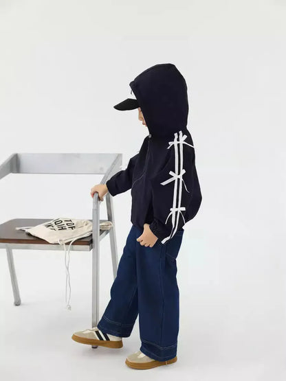 カーディガン・パーカー キッズトップス 長袖サイドリボンラインフーディジップアップパーカー ダークブルー