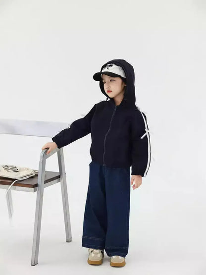 カーディガン・パーカー キッズトップス 長袖サイドリボンラインフーディジップアップパーカー ダークブルー