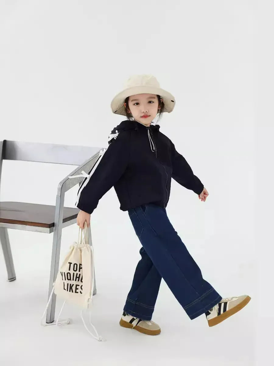 カーディガン・パーカー キッズトップス 長袖サイドリボンラインフーディジップアップパーカー ダークブルー