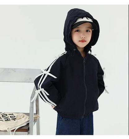 カーディガン・パーカー キッズトップス 長袖サイドリボンラインフーディジップアップパーカー ダークブルー