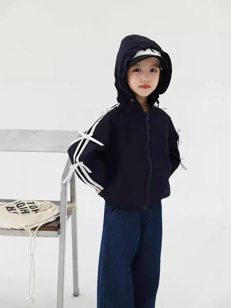 カーディガン・パーカー キッズトップス 長袖サイドリボンラインフーディジップアップパーカー ダークブルー